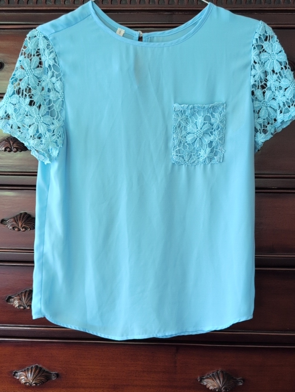 Women's Baby Blue Polyester Top With Lace Embroidered Pocket And Short Sleeves